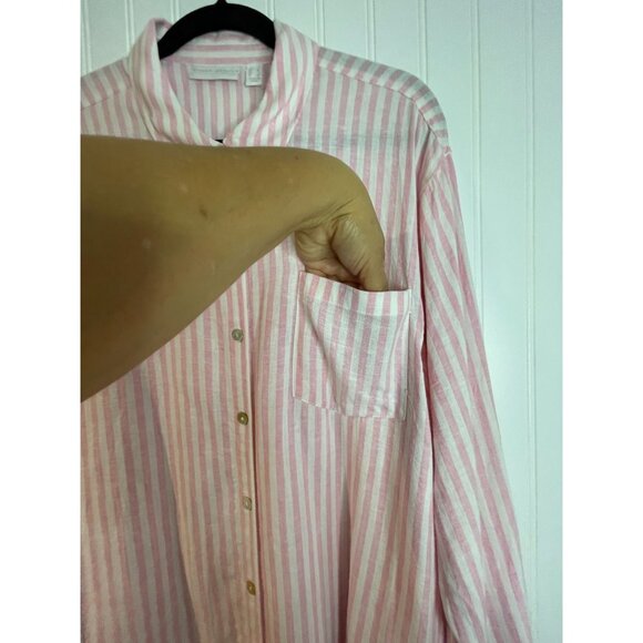 Susan Graver Luxe Pink & White Striped Linen Blend Button-Down Shirt Size Large - Picture 3 of 12